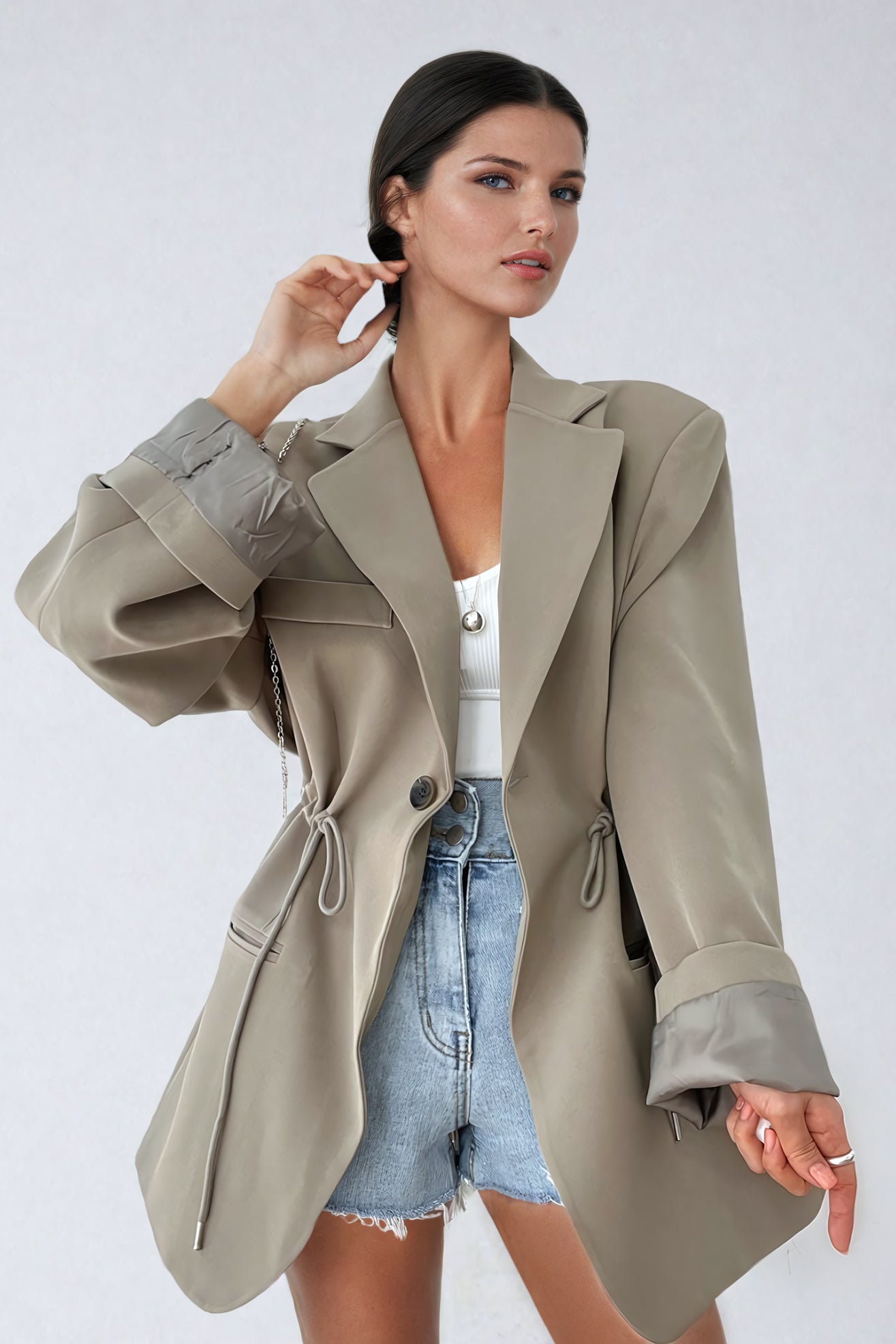 Tailored Blazer with Drawstring Waist Accent - Beige