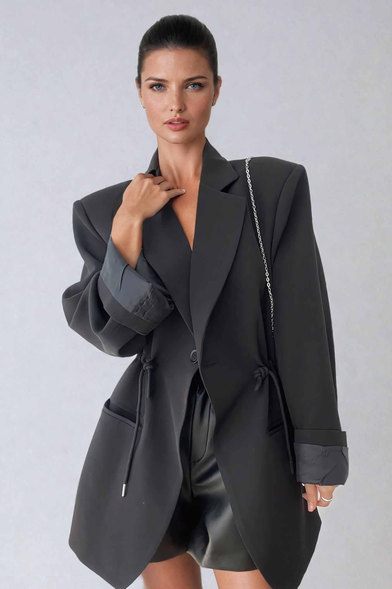 Tailored Blazer with Drawstring Waist Accent - Black