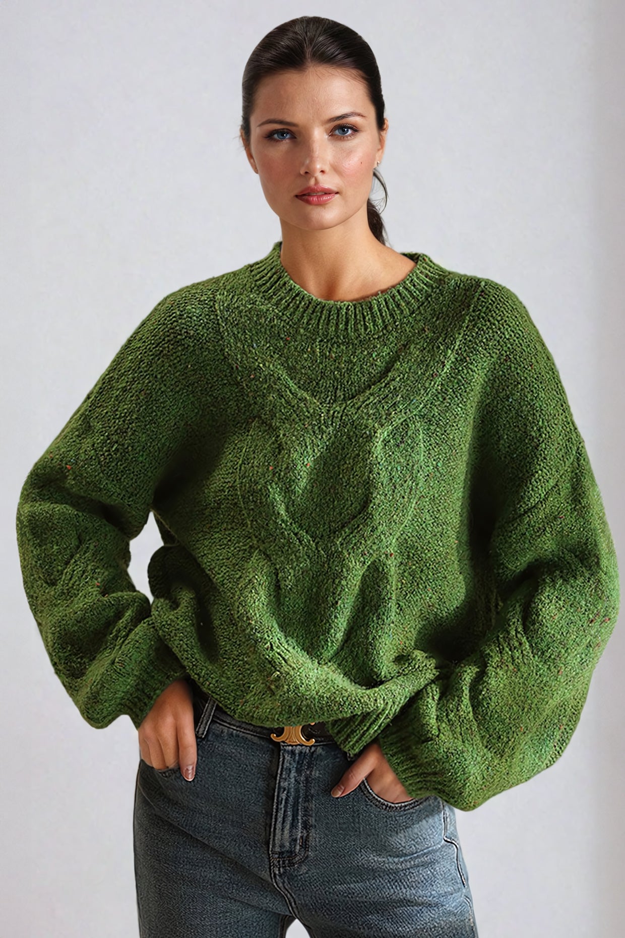 Cable-Knit Oversized Sweater - Green