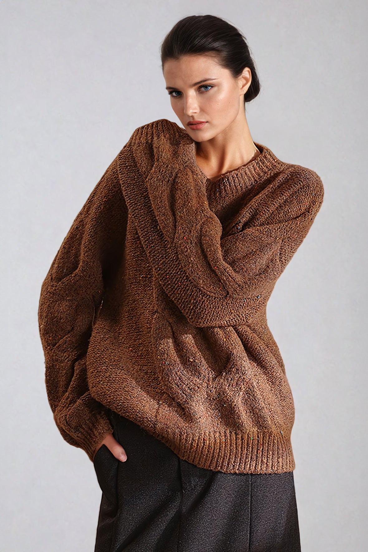 Cable-Knit Oversized Sweater - Brown