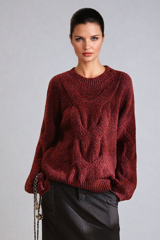 Cable-Knit Oversized Sweater - Red