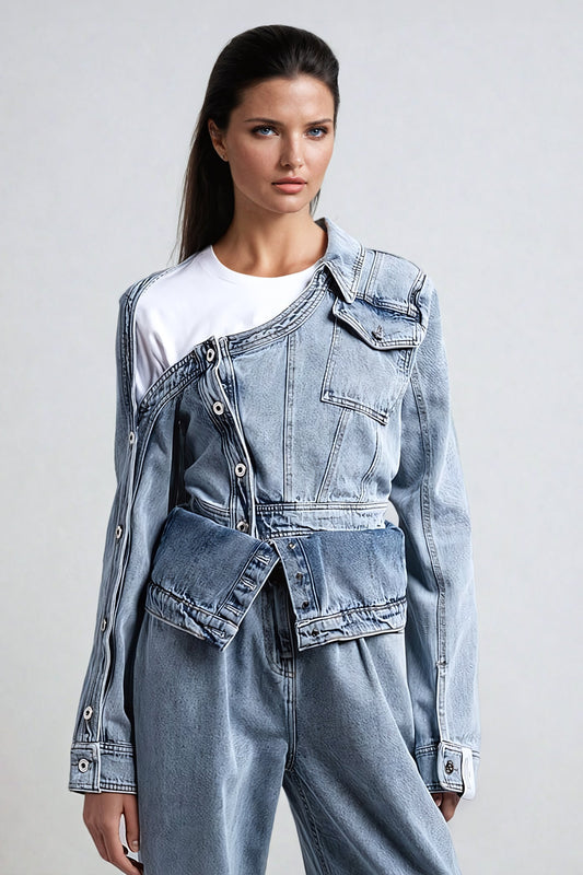 Asymmetrical Denim Jacket with Shoulder Cutout - Blue