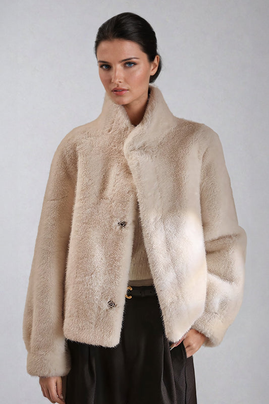 Plush Coat with Stand Collar - White