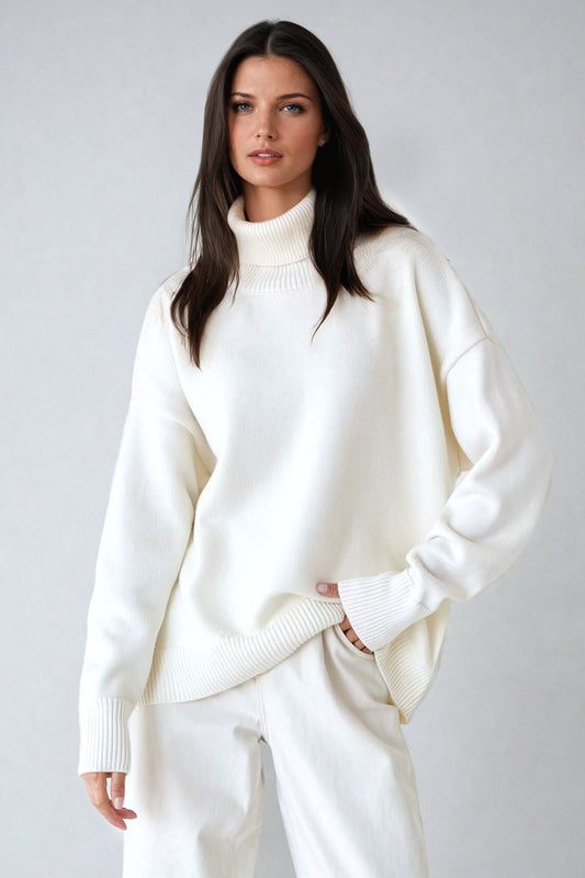 Oversized Turtleneck Sweater with Ribbed Hem - White