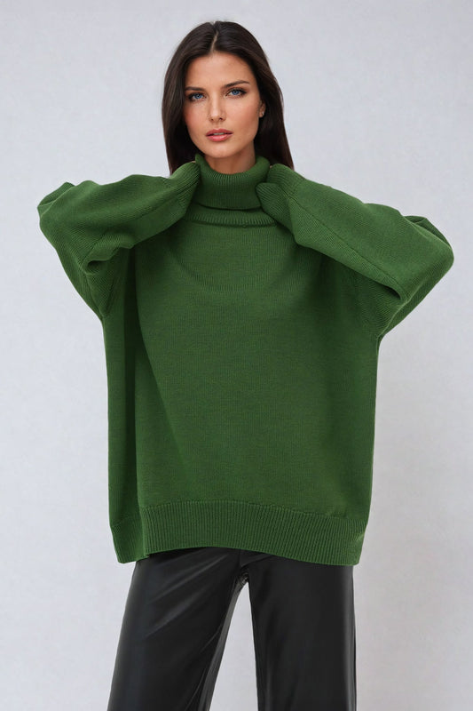 Oversized Turtleneck Sweater with Ribbed Hem - Green