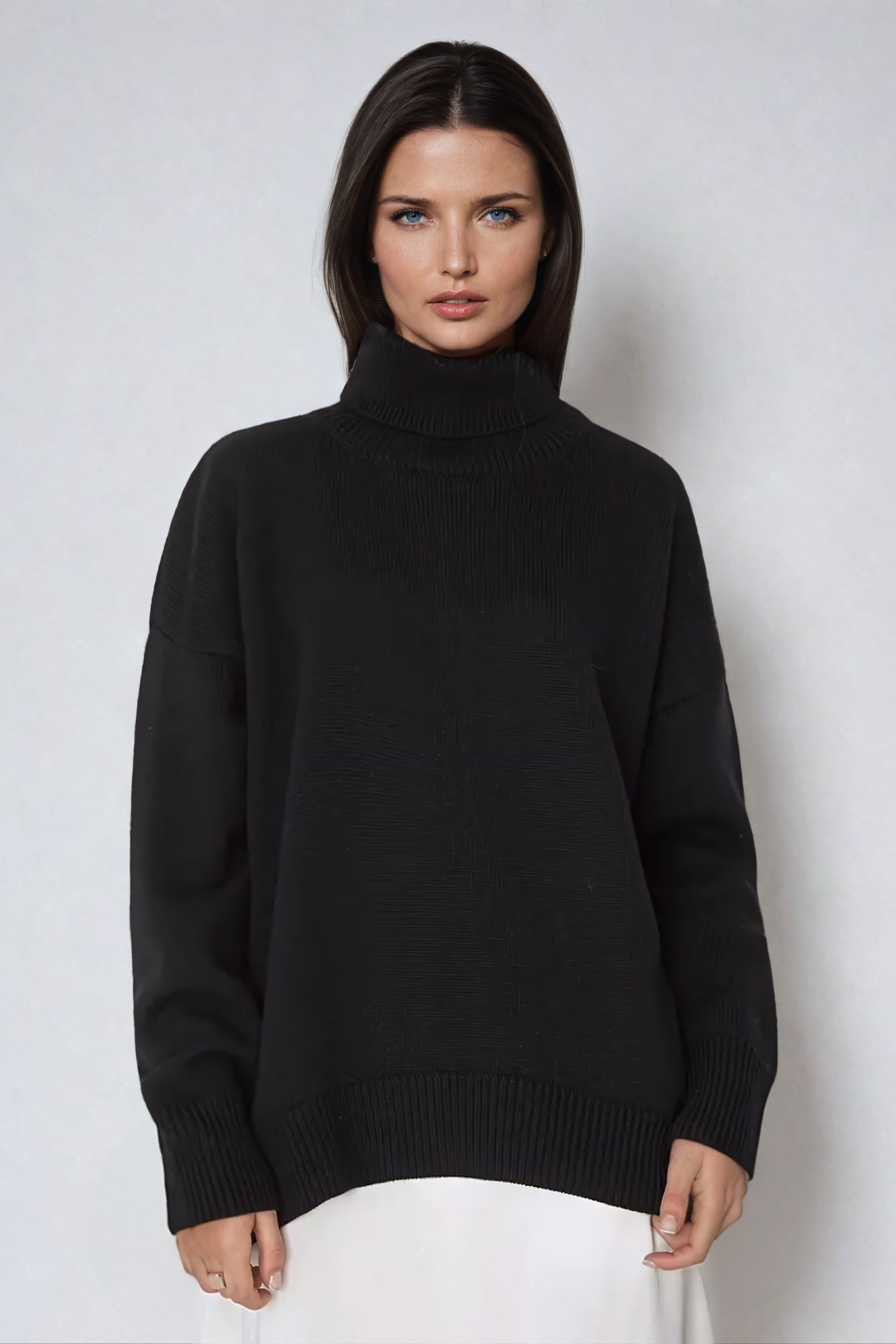 Oversized Turtleneck Sweater with Ribbed Hem - Black