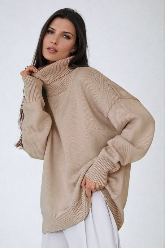 Oversized Turtleneck Sweater with Ribbed Hem - Light Brown