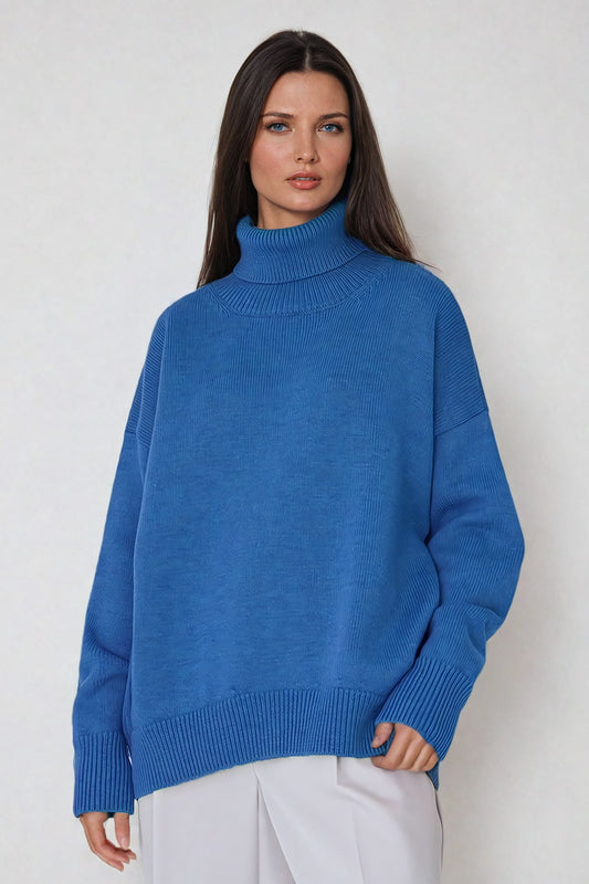 Oversized Turtleneck Sweater with Ribbed Hem - Blue