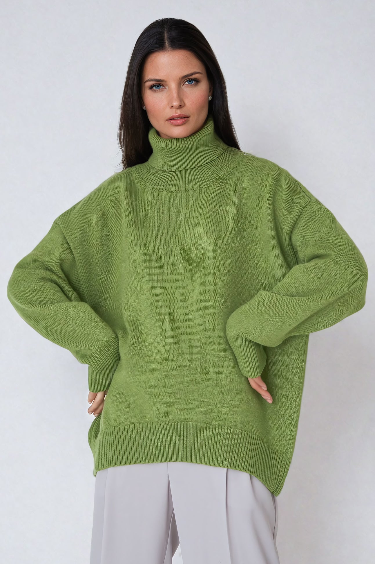 Oversized Turtleneck Sweater with Ribbed Hem - Light Green