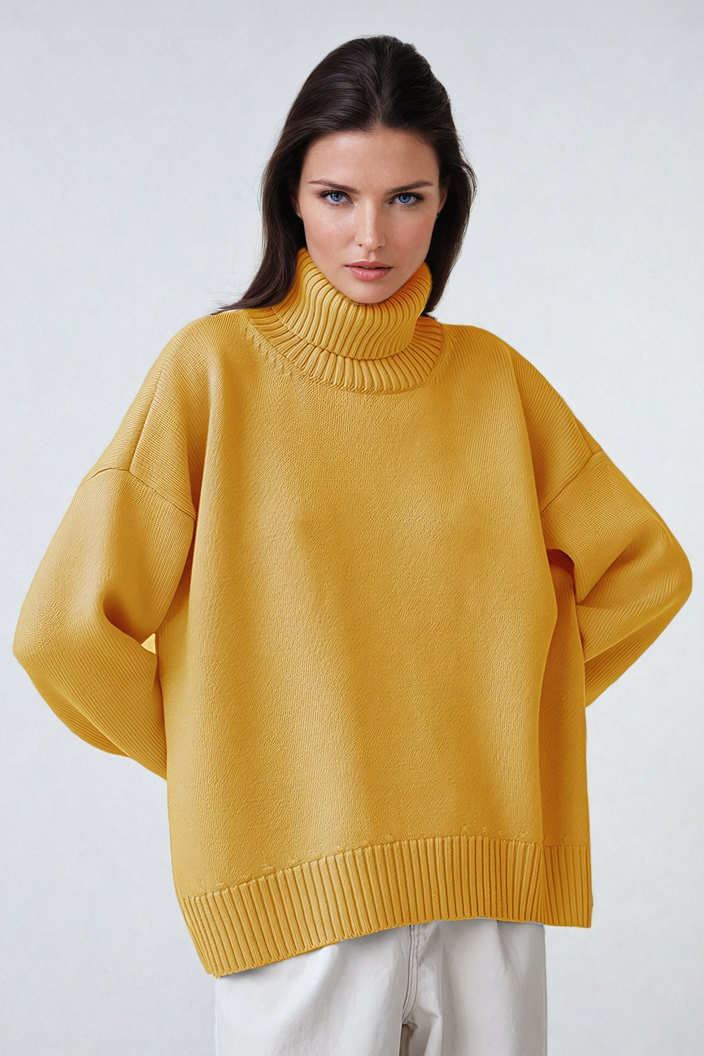 Oversized Turtleneck Sweater with Ribbed Hem - Yellow