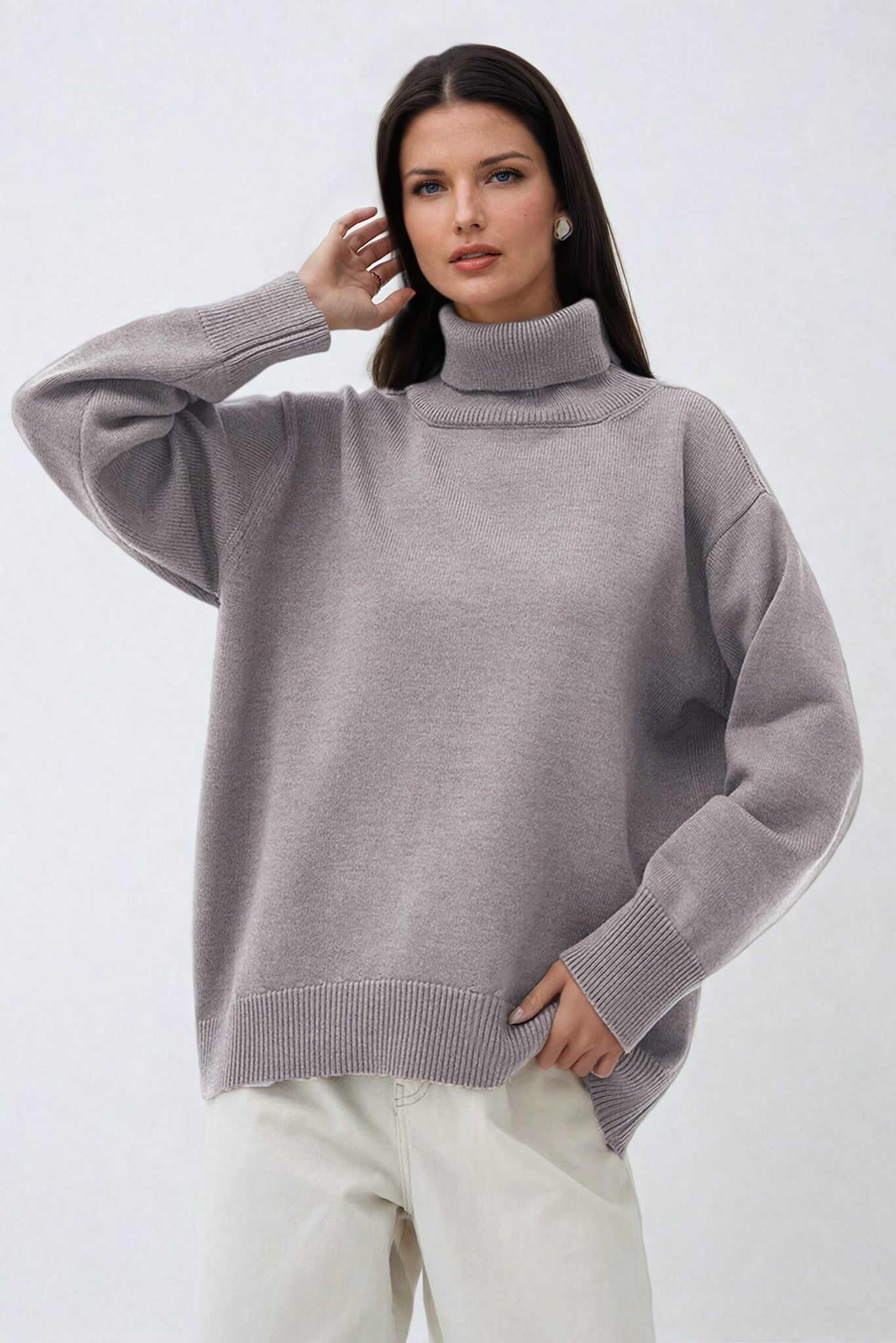 Oversized Turtleneck Sweater with Ribbed Hem - Gray