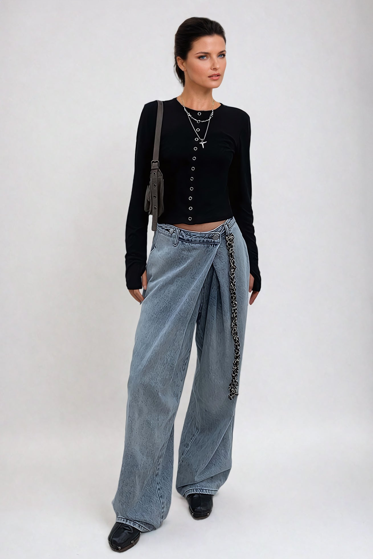 Wrap-Detail Wide-Leg Jeans with Pocket Accent - Blue