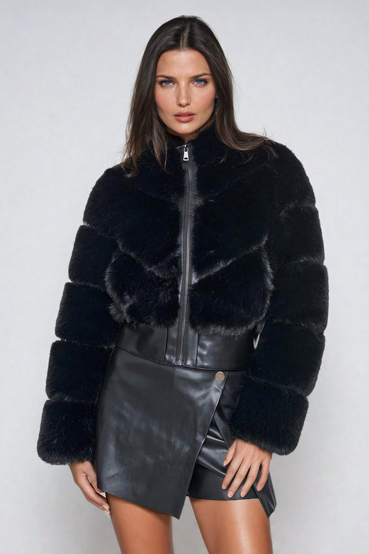 Cropped Fur Coat with Structured Sleeves - Black