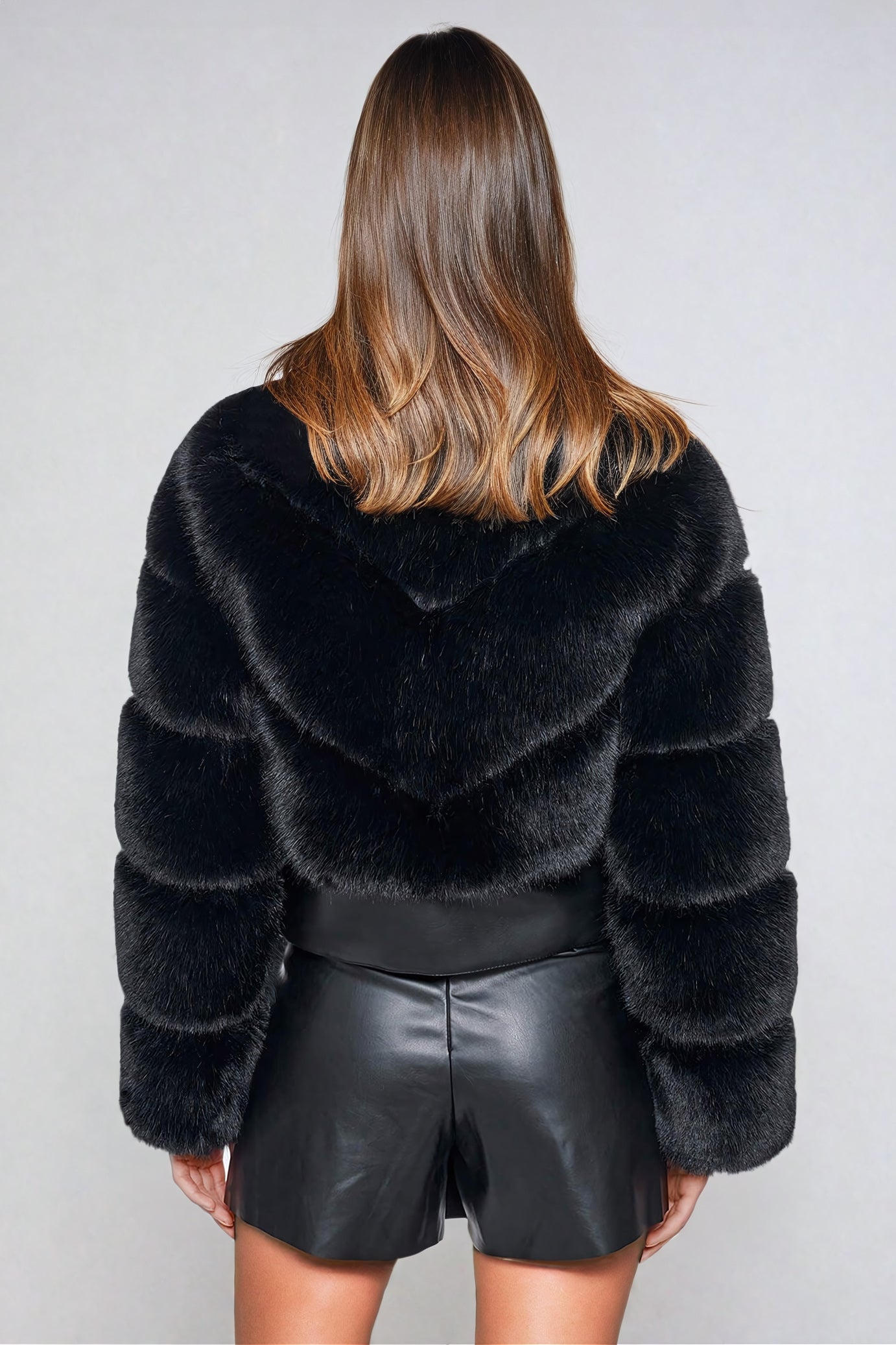 Cropped Fur Coat with Structured Sleeves - Black