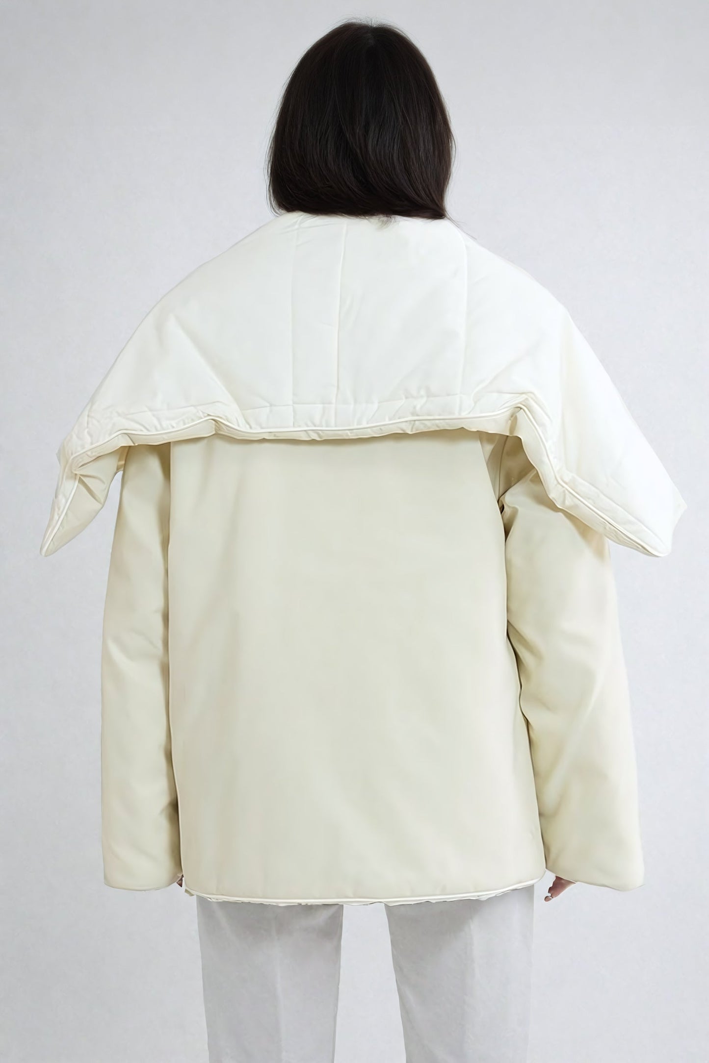 Quilted Coat with Oversized Collar - White