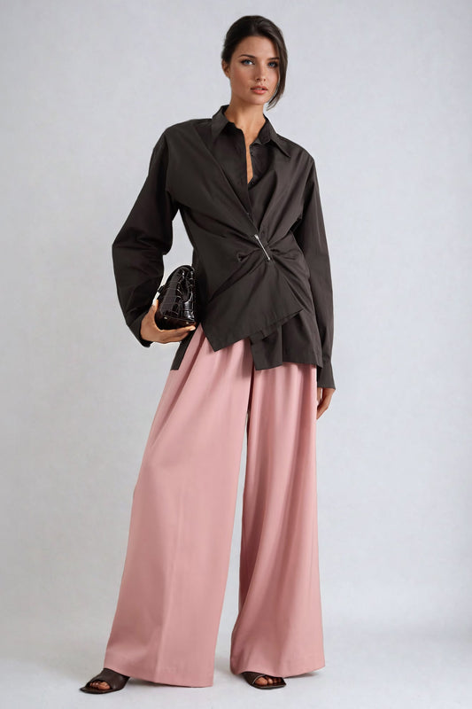 Asymmetrical Twist-Front Shirt with Pin Detail - Light Gray