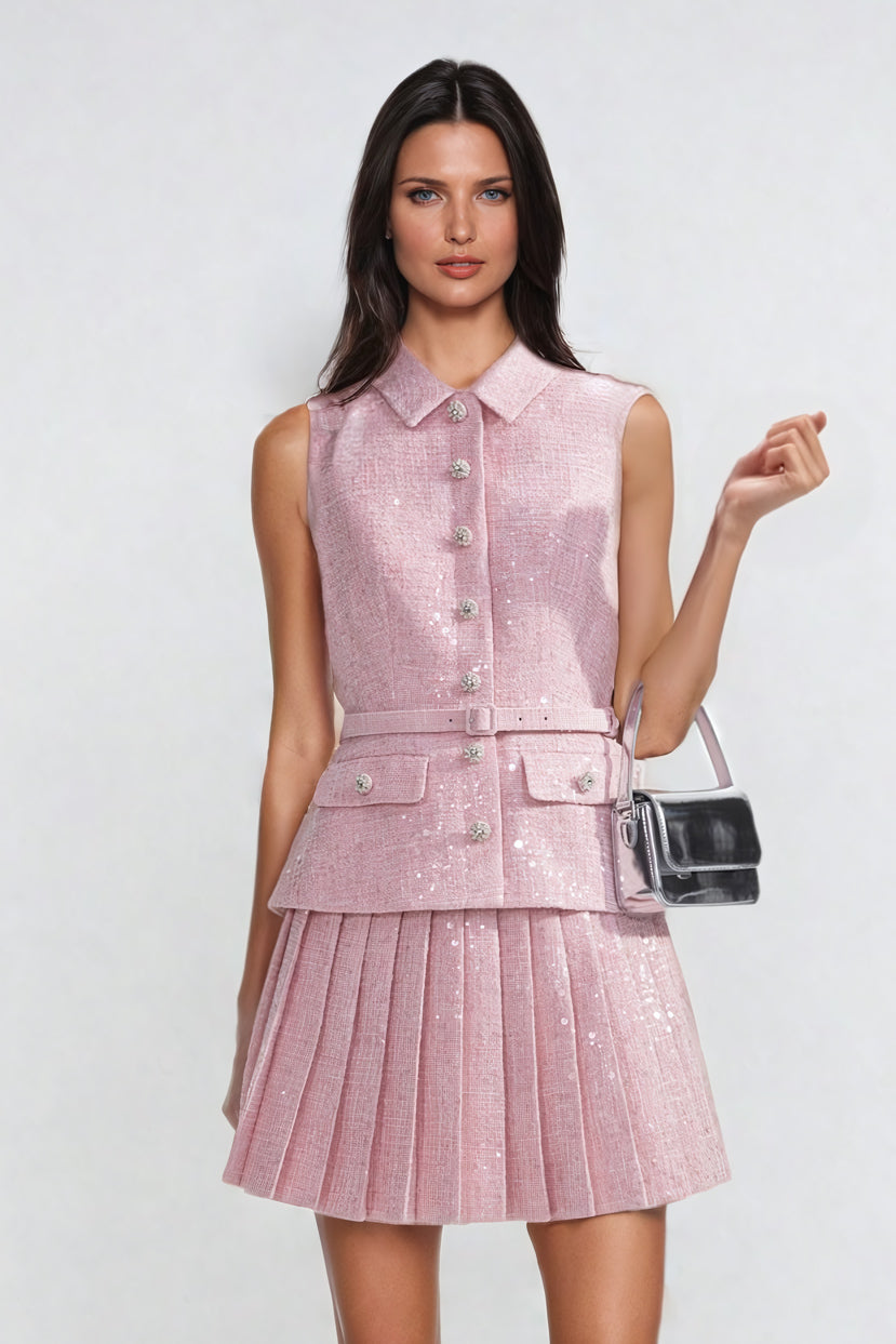 Pleated Sequin-Detail Button-Front Mini Dress - Pink