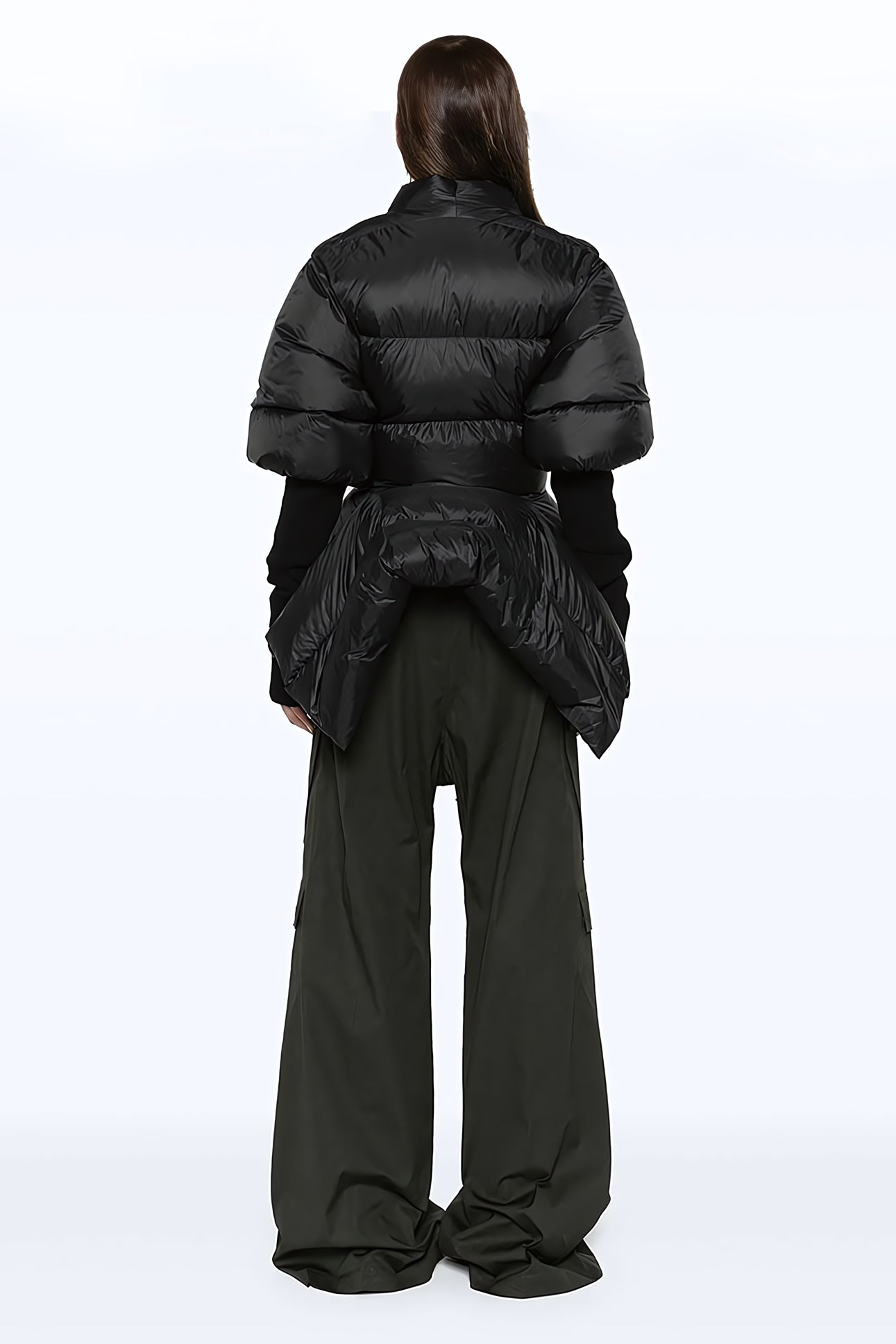 Padded Puff Coat with Ribbed Knit Sleeves - Black