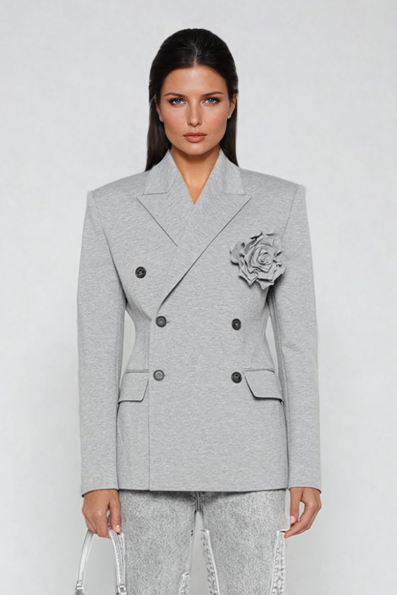 Double-Breasted Blazer with Floral Detail - Gray