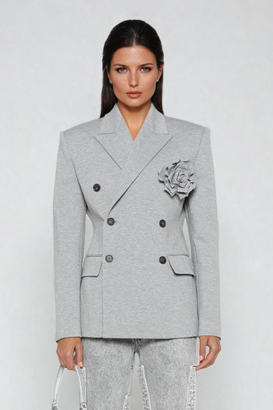 Double-Breasted Blazer with Floral Detail - Gray