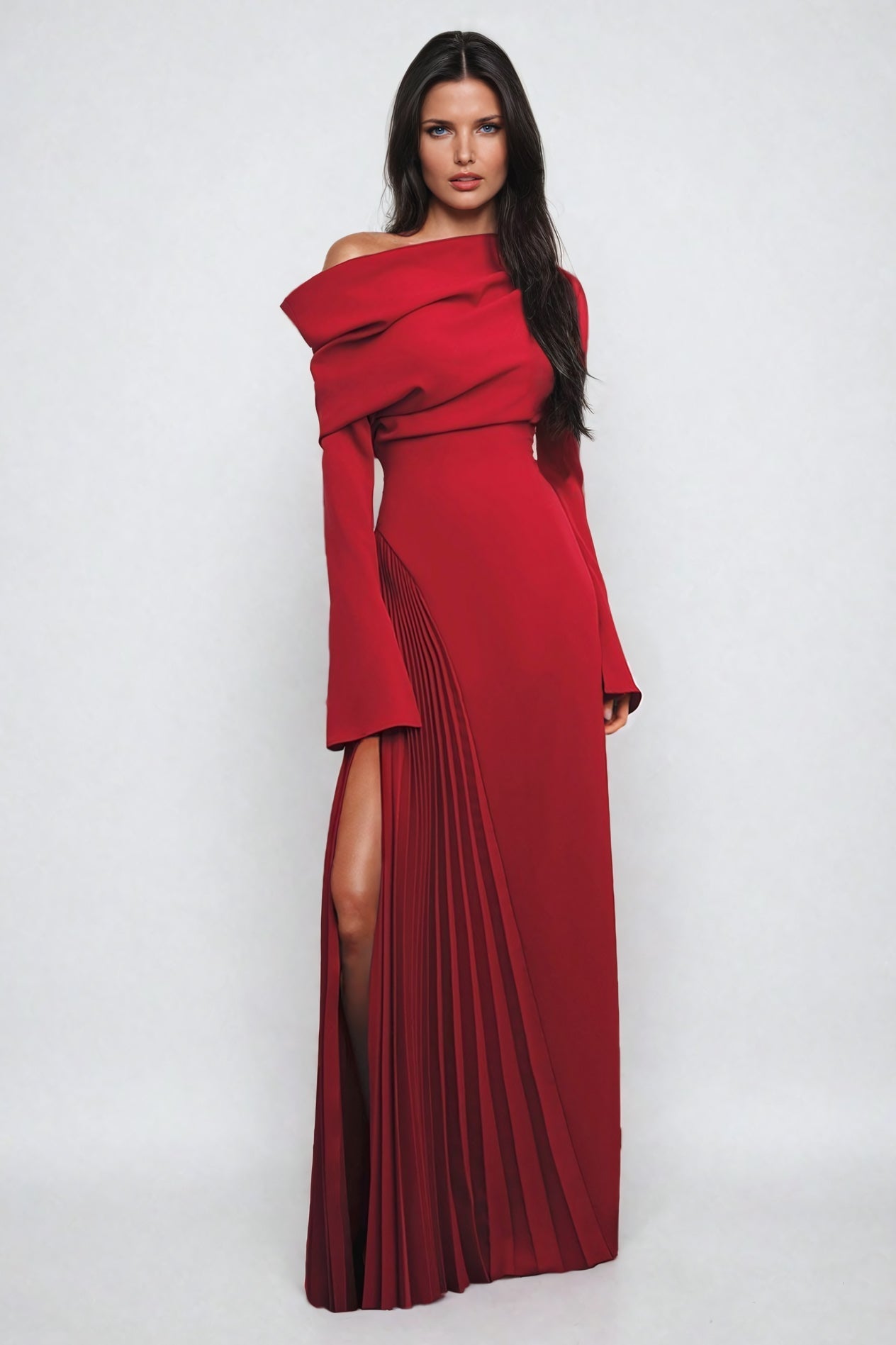 Asymmetrical Maxi Dress with Pleated Skirt - Red