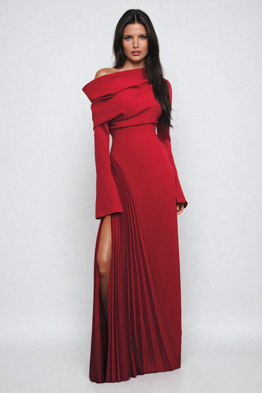 Asymmetrical Maxi Dress with Pleated Skirt - Red