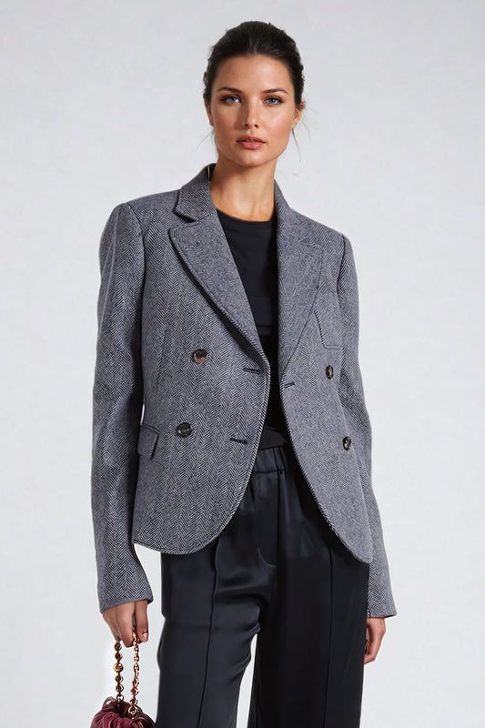 Double-Breasted Tailored Blazer with Pocket Detail - Gray