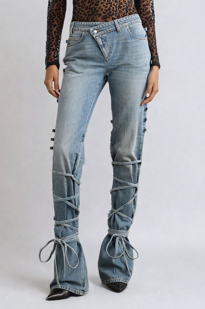 Lace-Up Straight-Leg Jeans with Flared Cuffs - Blue