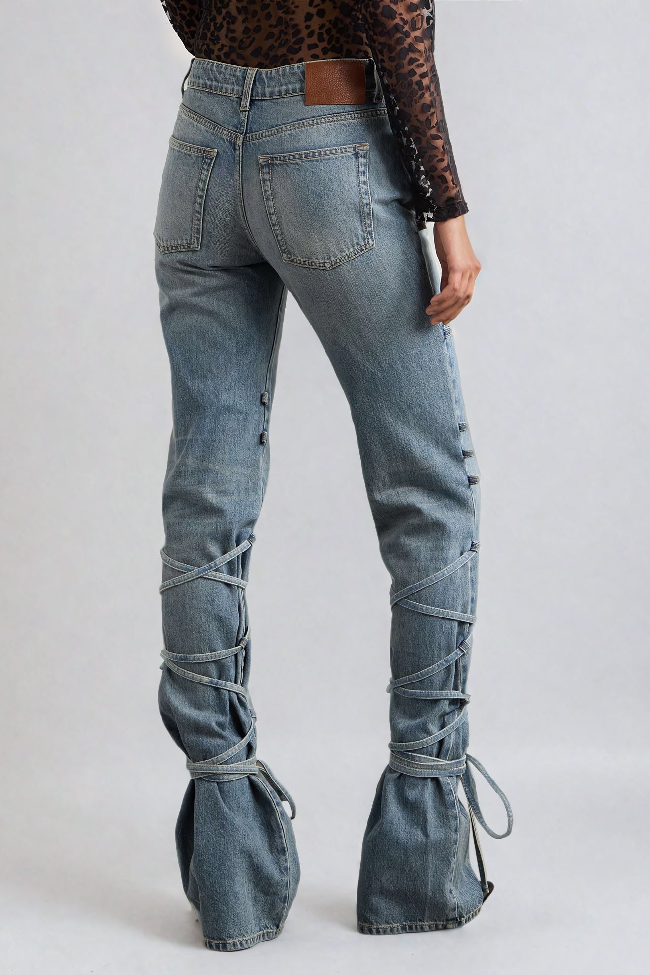 Lace-Up Straight-Leg Jeans with Flared Cuffs - Blue