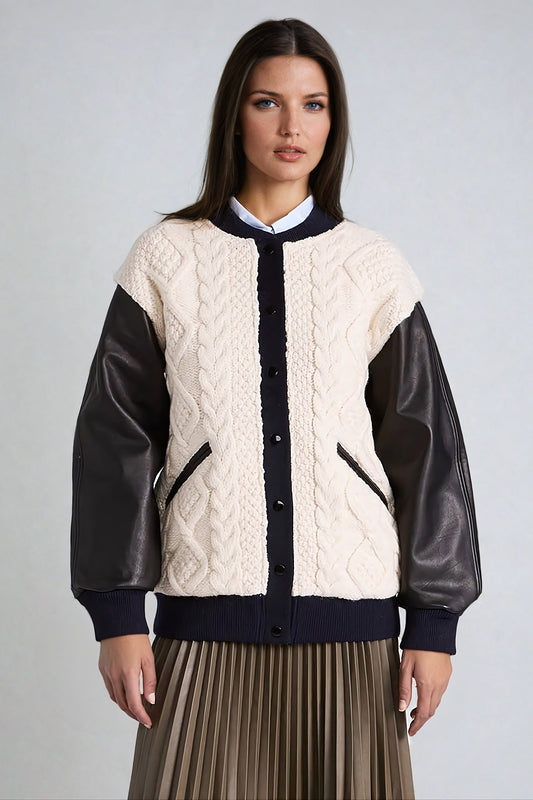 Knitted Jacket with Leather Sleeve Accent - White