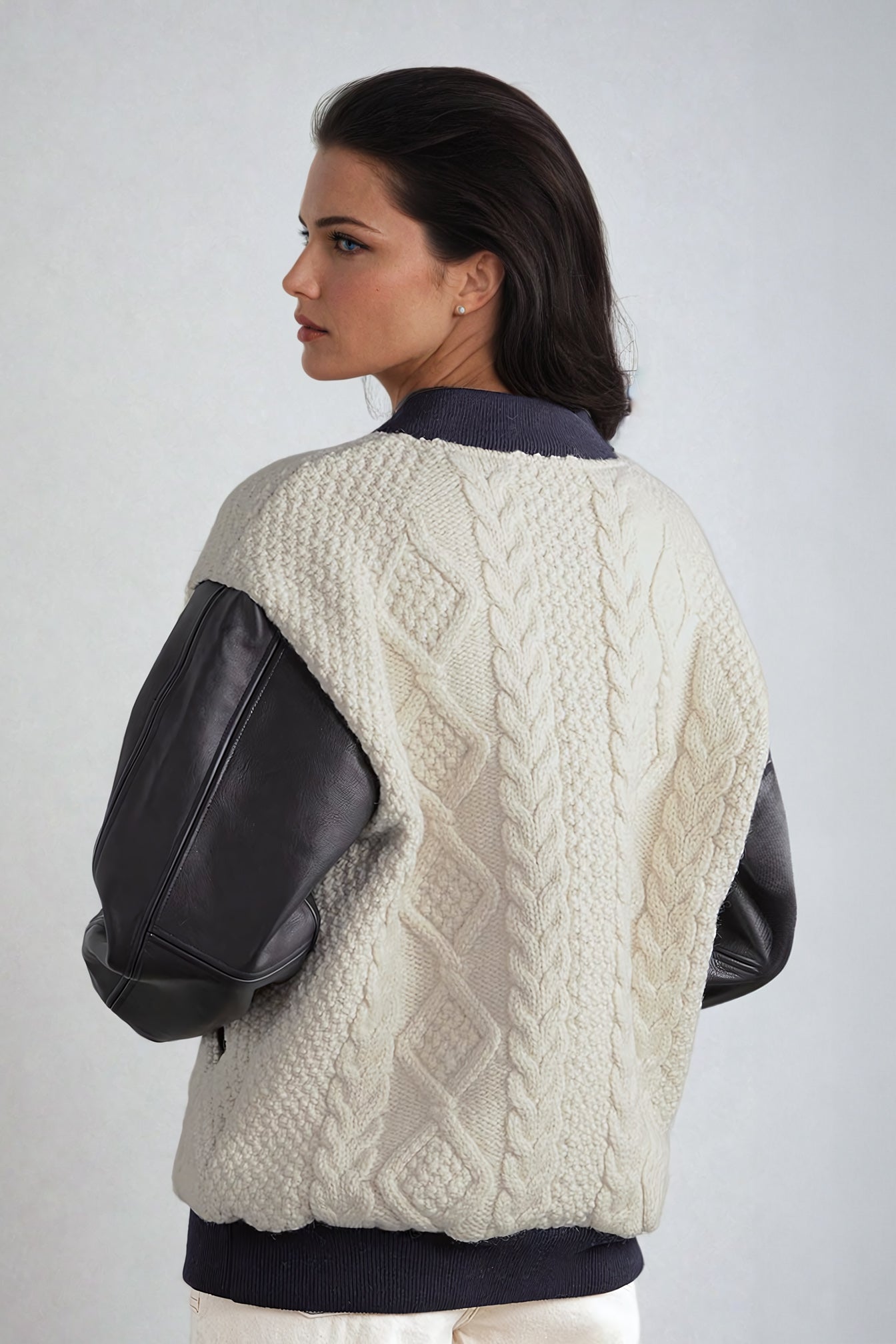 Knitted Jacket with Leather Sleeve Accent - White