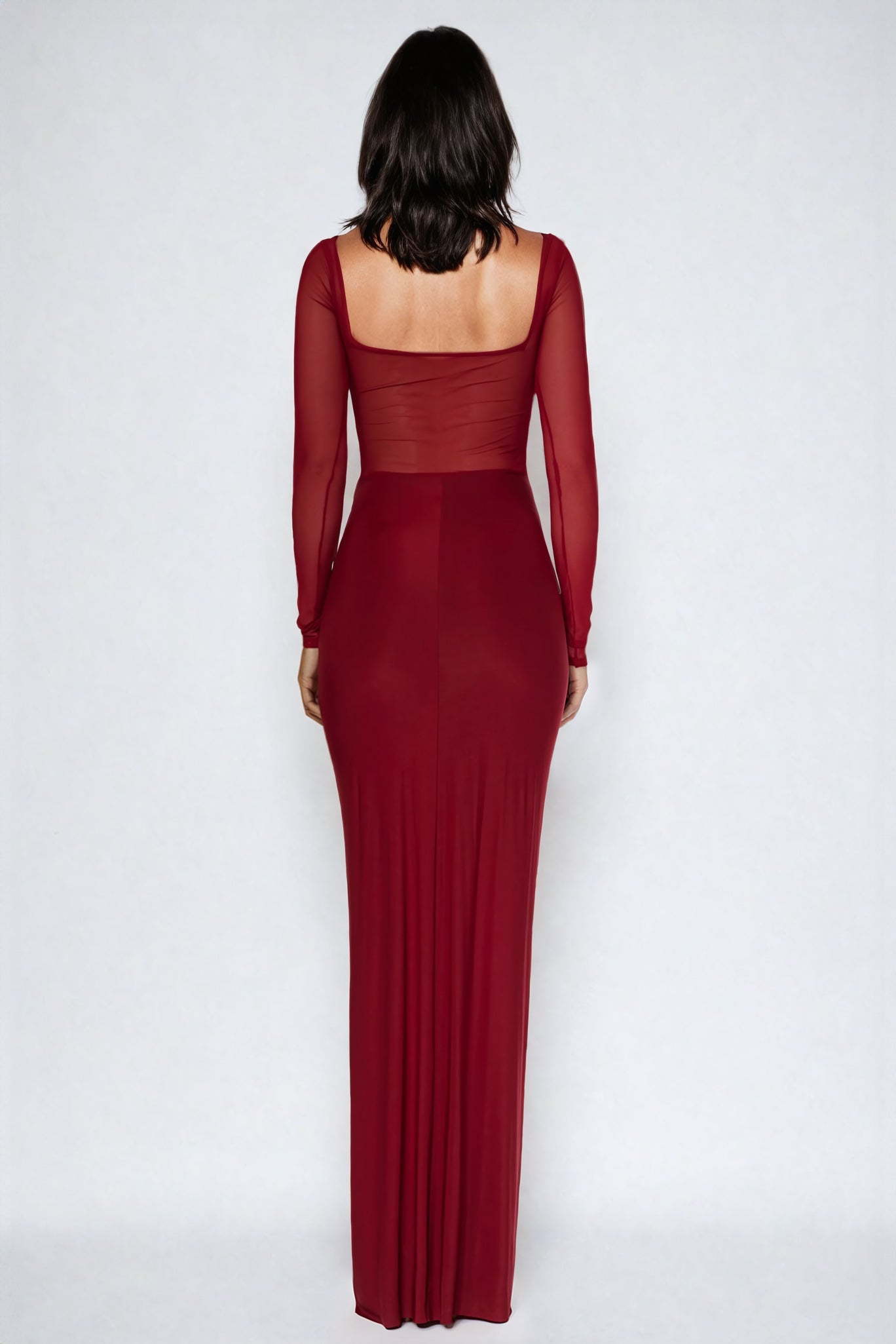 Sheer Sleeve Maxi Dress with Ruched Detailing - Red