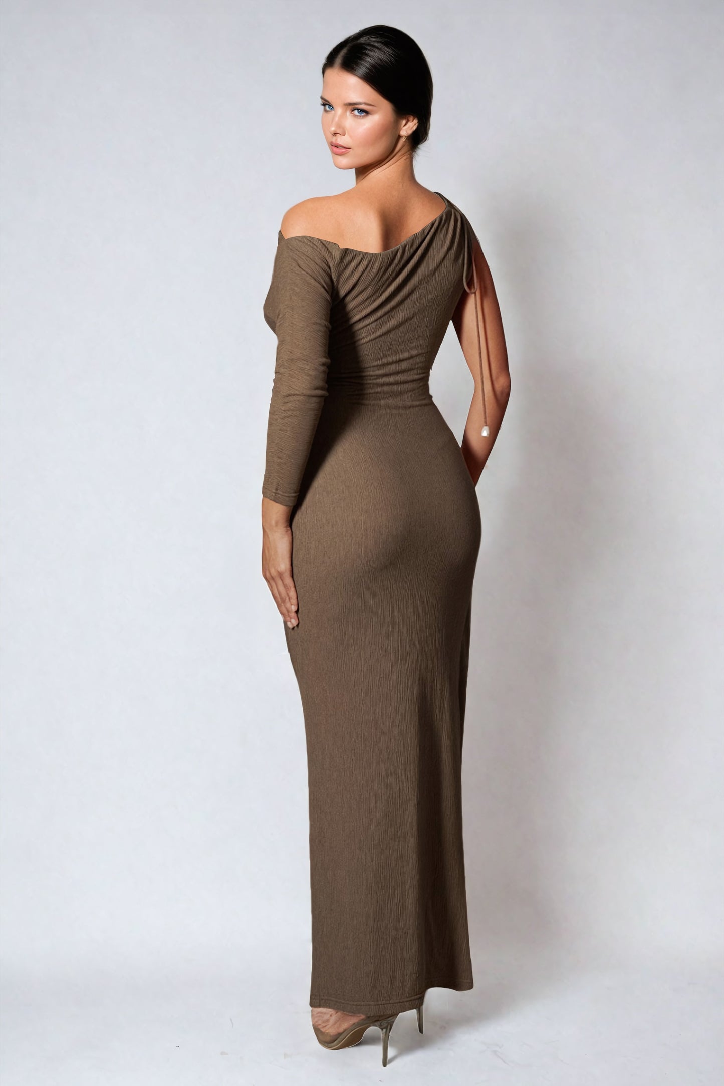 Asymmetrical Maxi Dress with Wrap Detailing - Brown