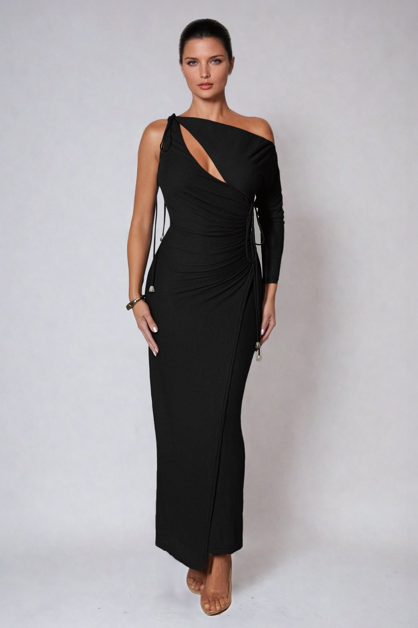 Asymmetrical Maxi Dress with Wrap Detailing - Black