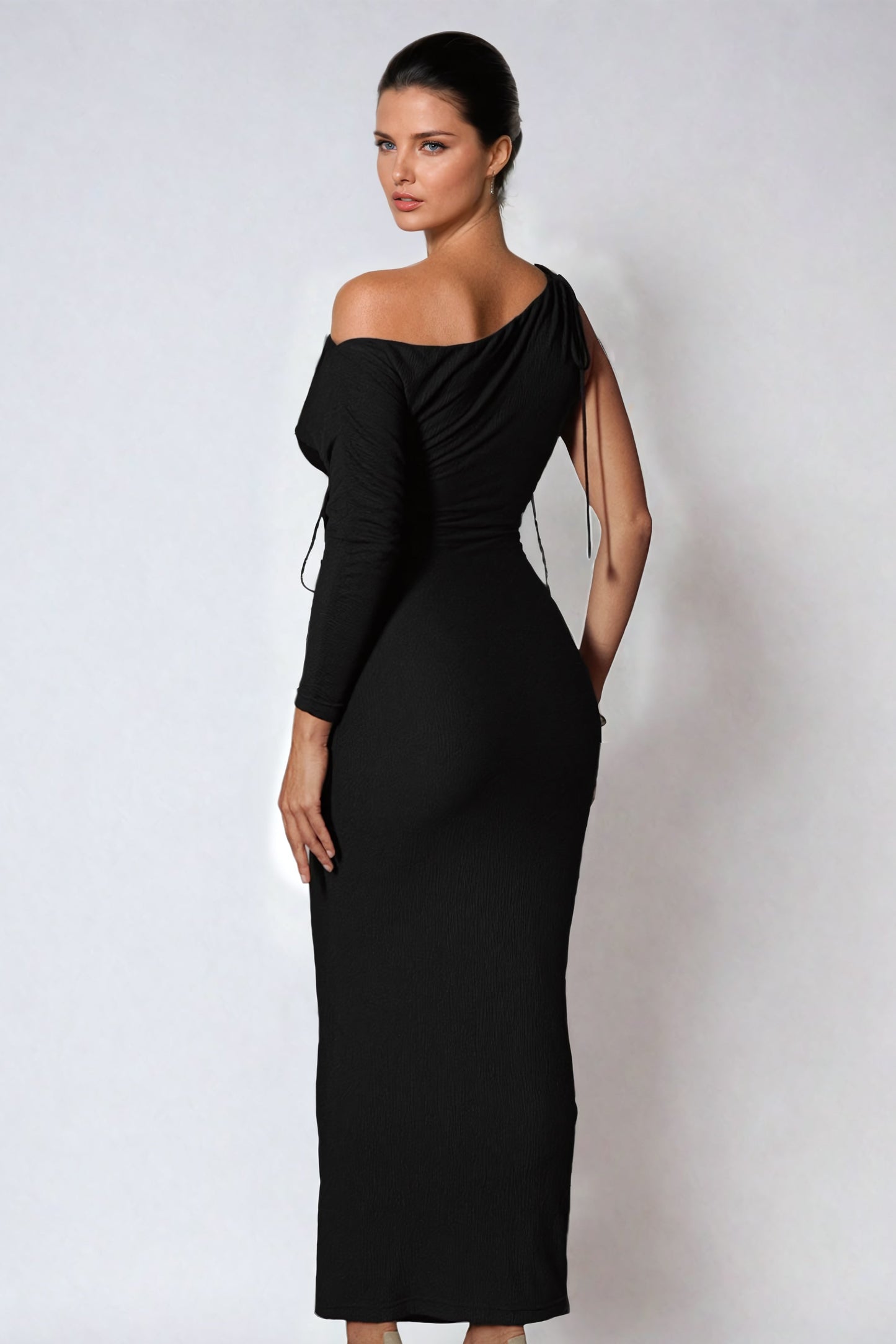 Asymmetrical Maxi Dress with Wrap Detailing - Black