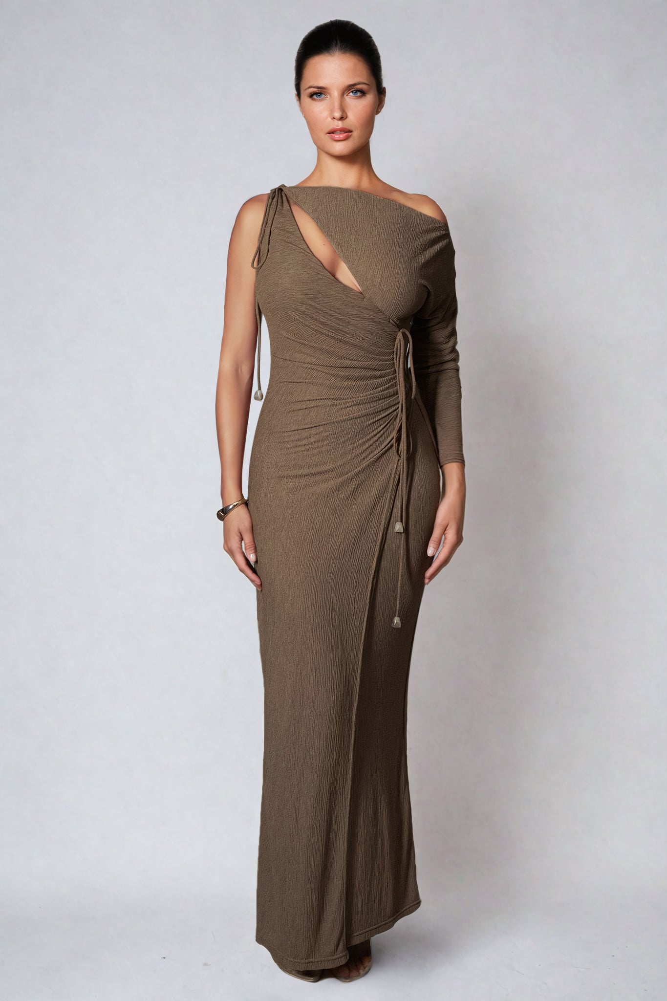 Asymmetrical Maxi Dress with Wrap Detailing - Brown