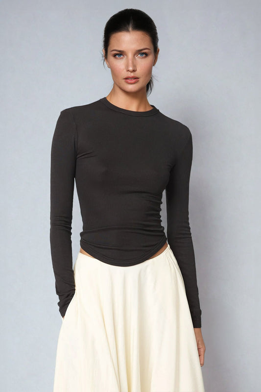 Cropped Ribbed Knitted Long Sleeve Top - Black