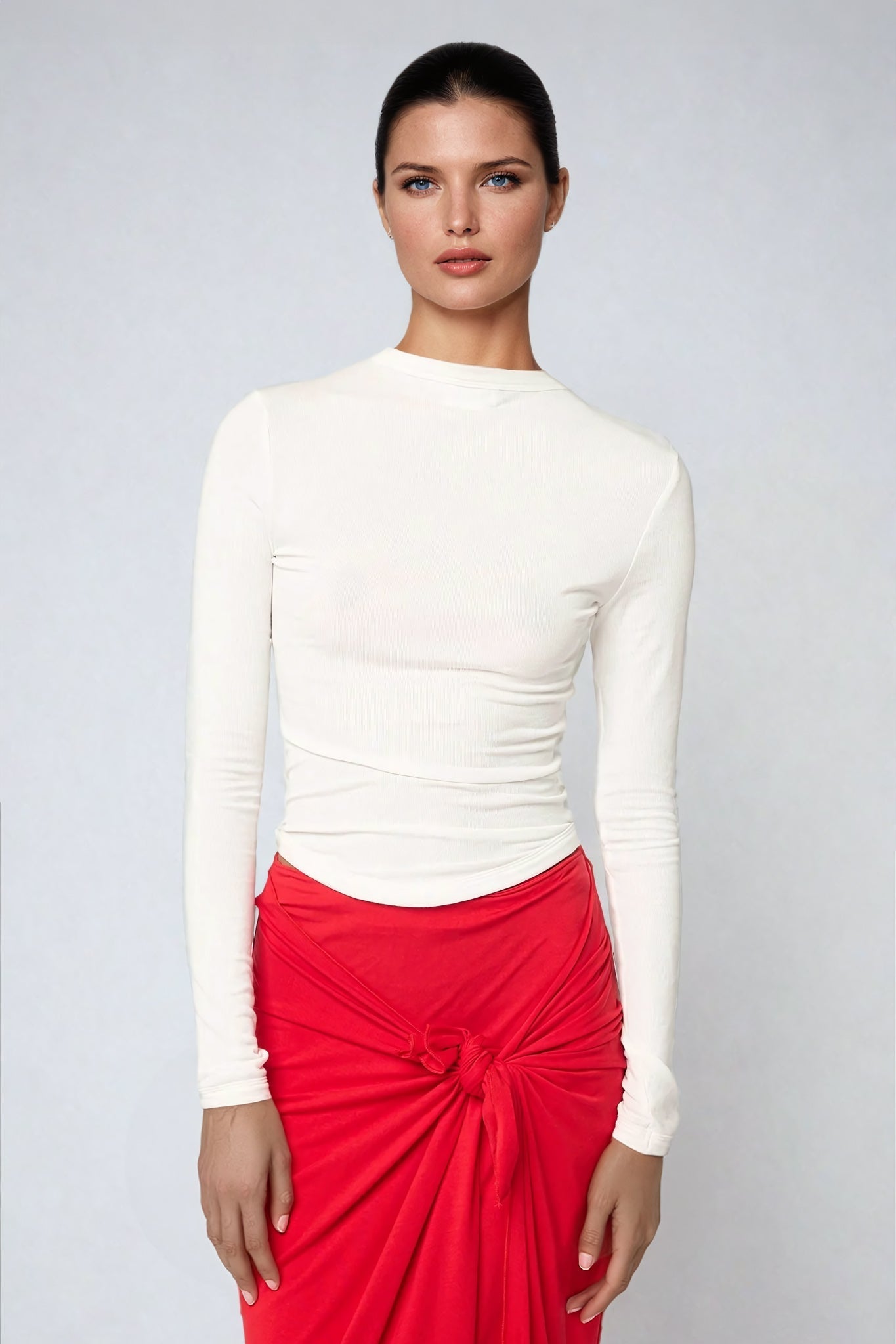 Cropped Ribbed Knitted Long Sleeve Top - White