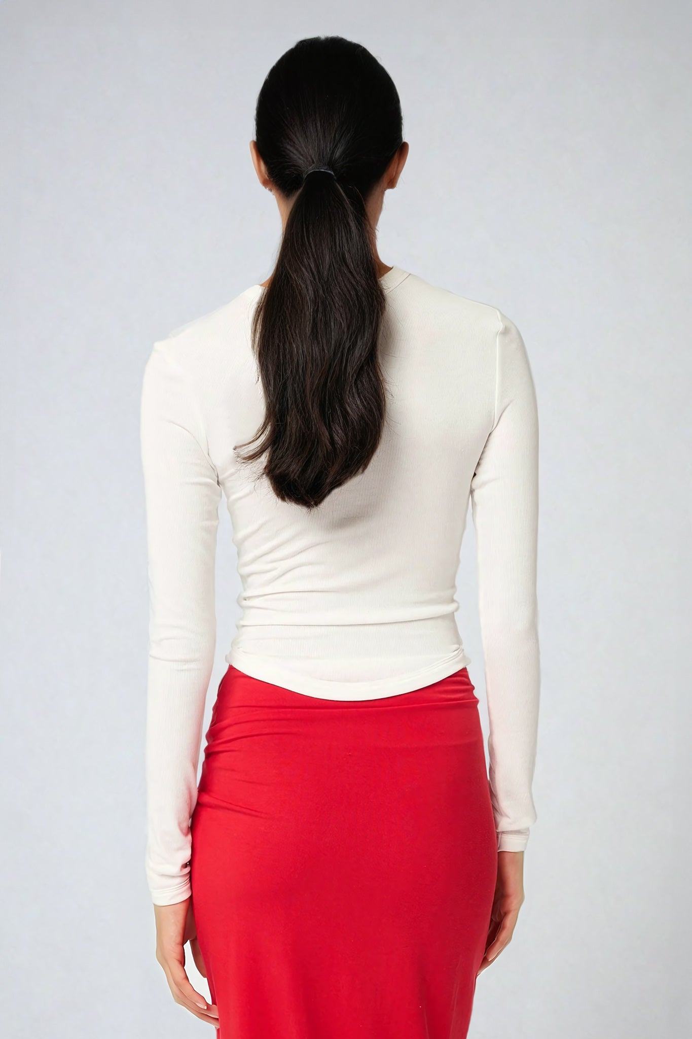 Cropped Ribbed Knitted Long Sleeve Top - White