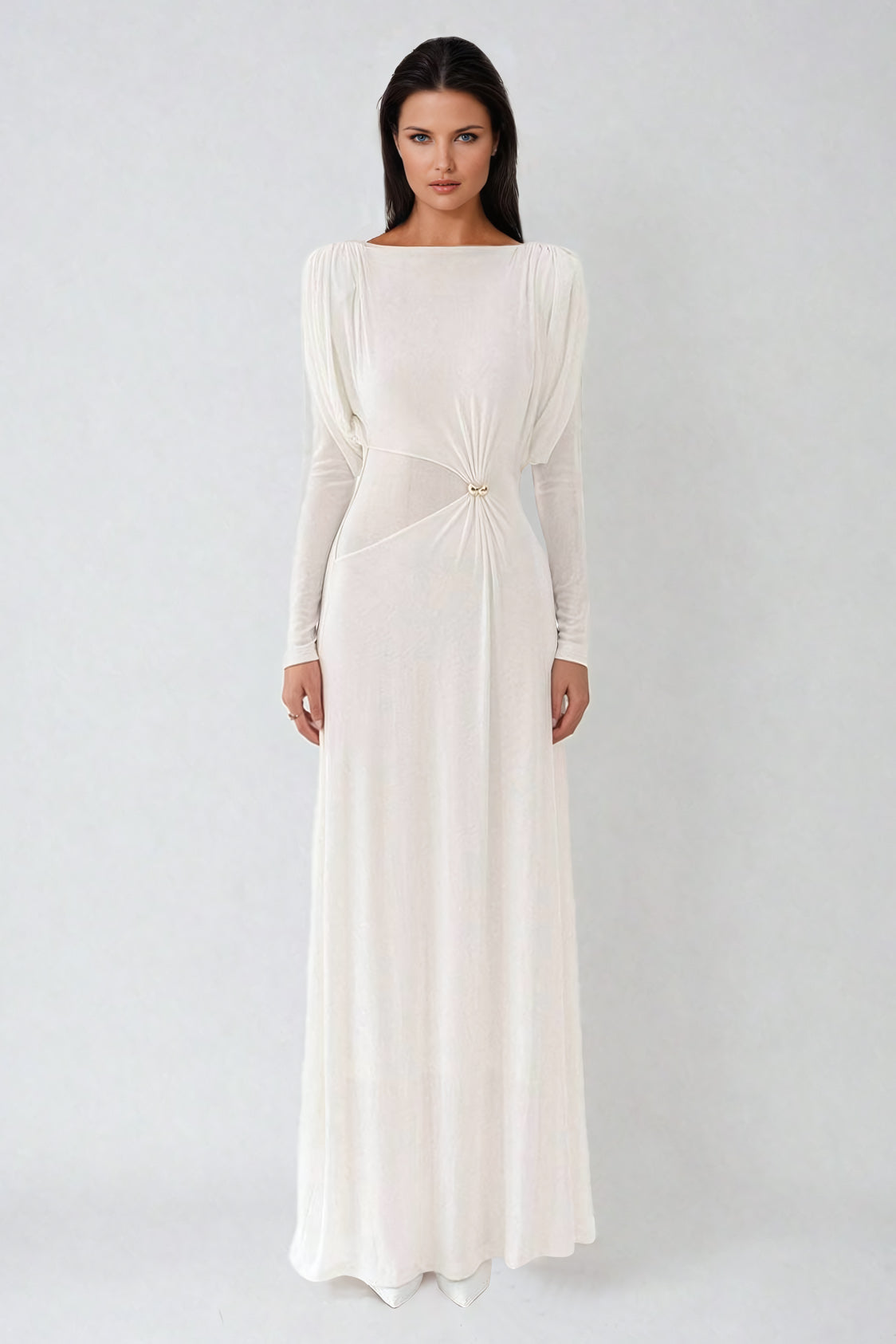 Pleated Shoulder Maxi Dress with Embellished Waist - White