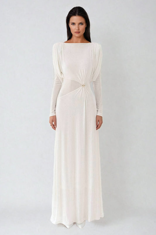 Pleated Shoulder Maxi Dress with Embellished Waist - White