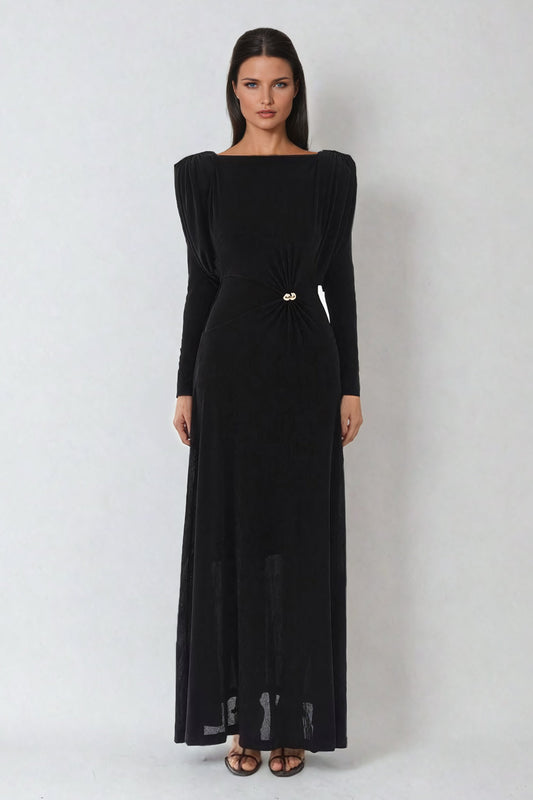 Pleated Shoulder Maxi Dress with Embellished Waist - Black