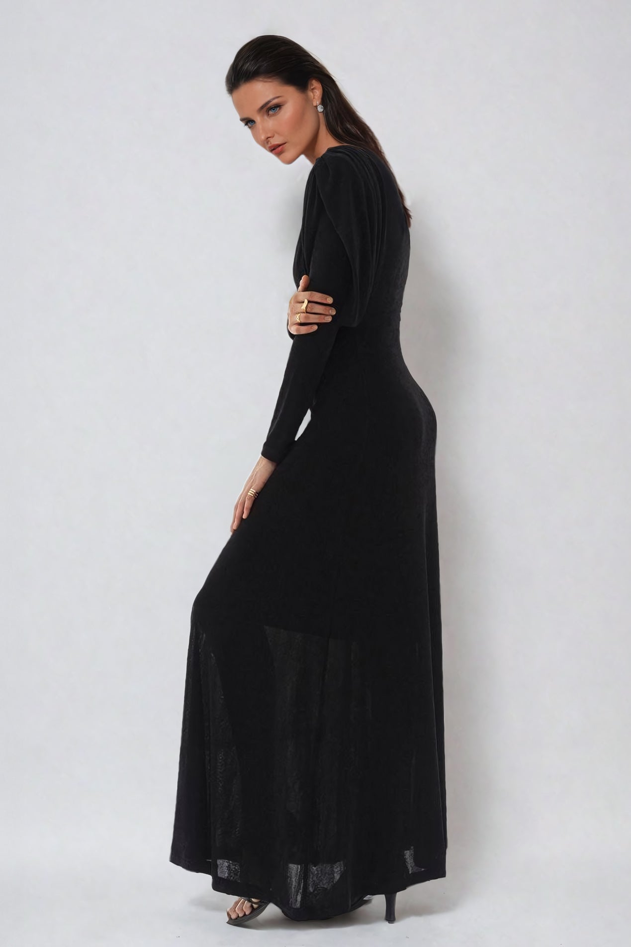 Pleated Shoulder Maxi Dress with Embellished Waist - Black
