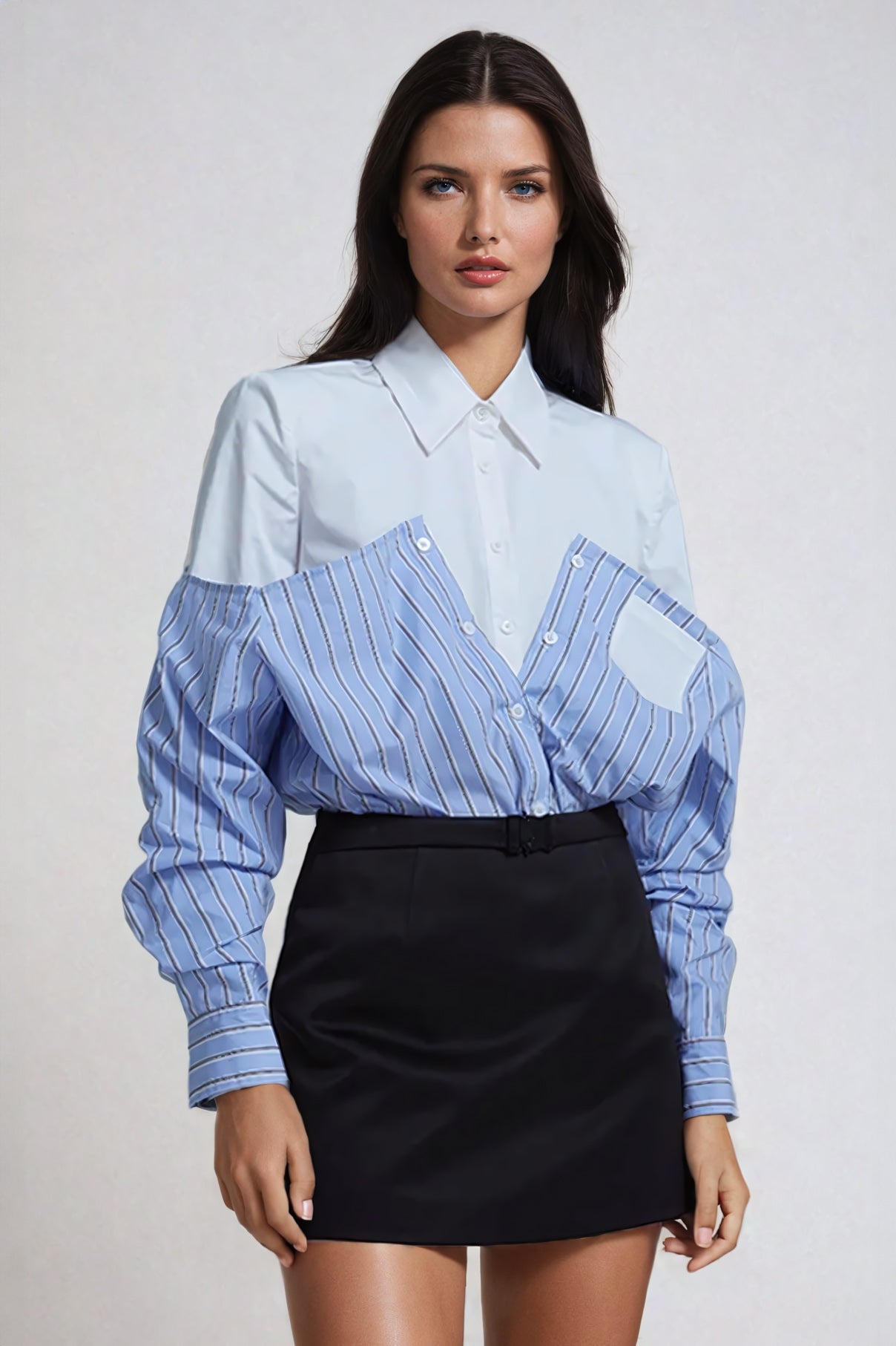 Overlay Striped Shirt with Oversized Collar - Blue