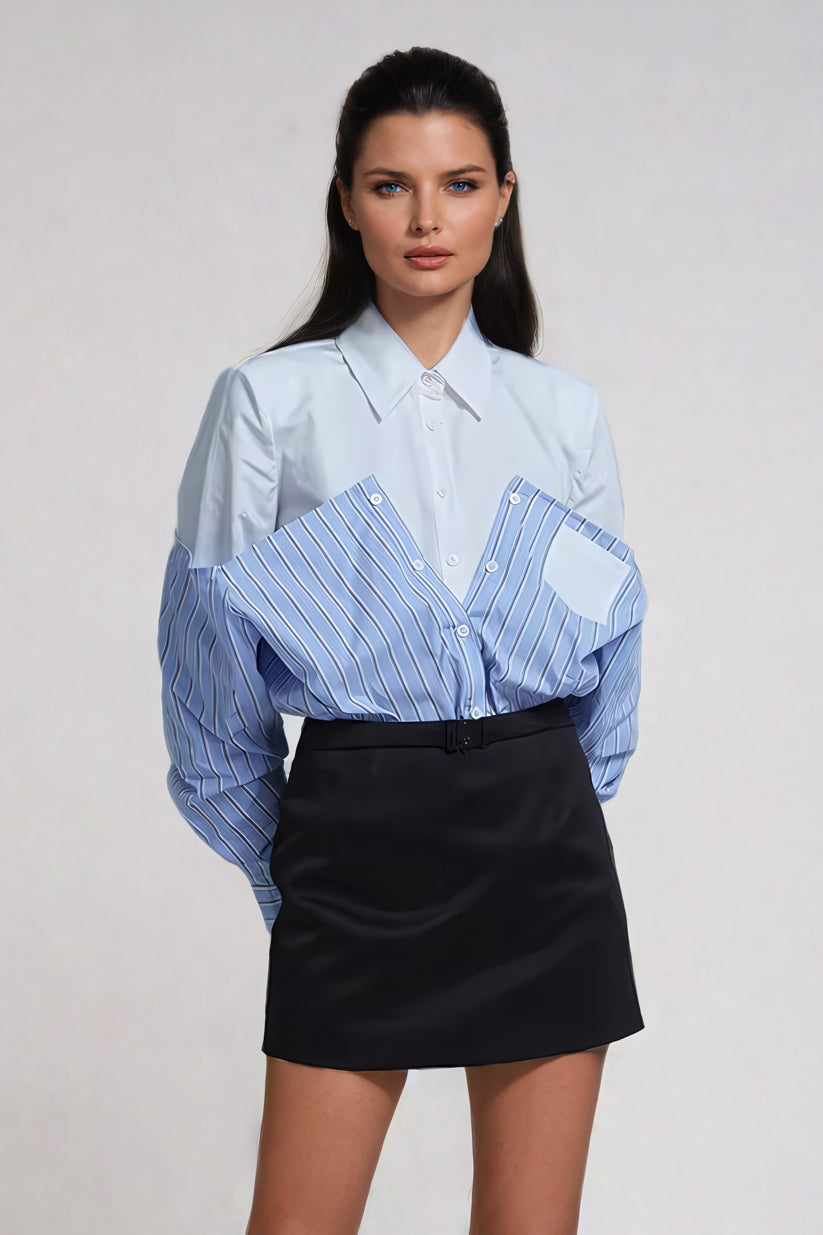 Overlay Striped Shirt with Oversized Collar - Blue