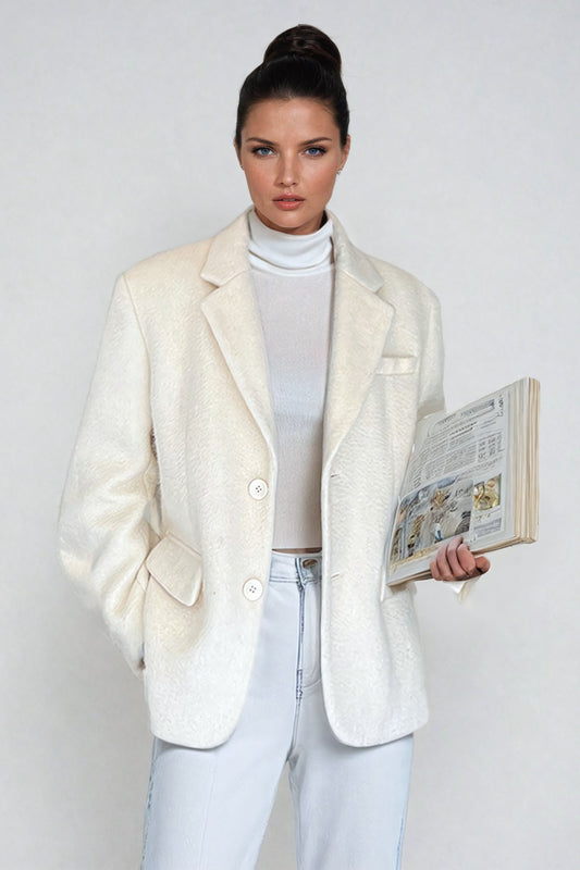 Tailored Woolen Coat with Notch Lapel - White