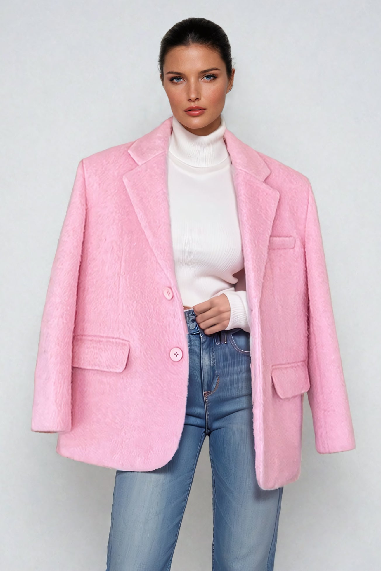 Tailored Woolen Coat with Notch Lapel - Pink