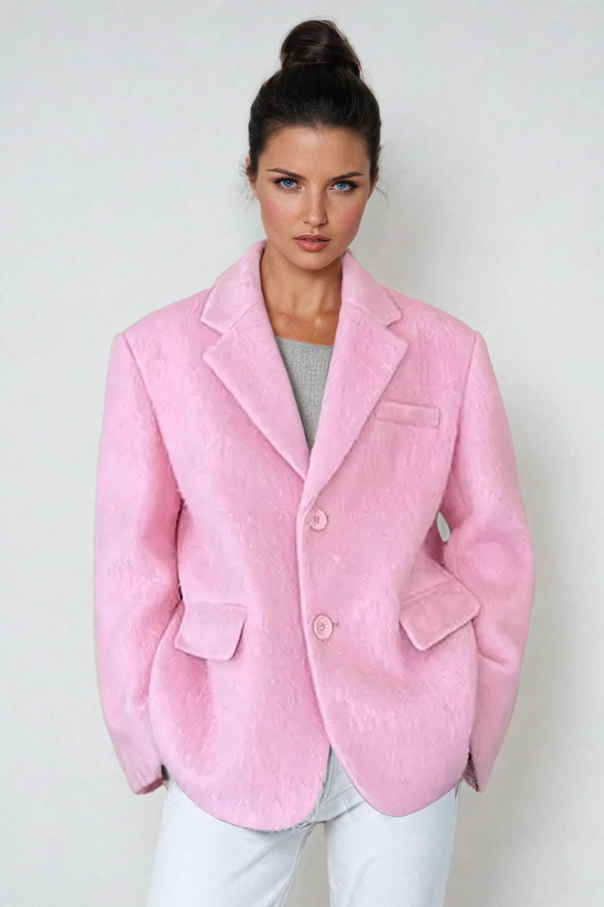 Tailored Woolen Coat with Notch Lapel - Pink