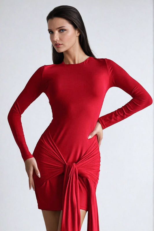 Long Draped Detail Mini Dress - Red