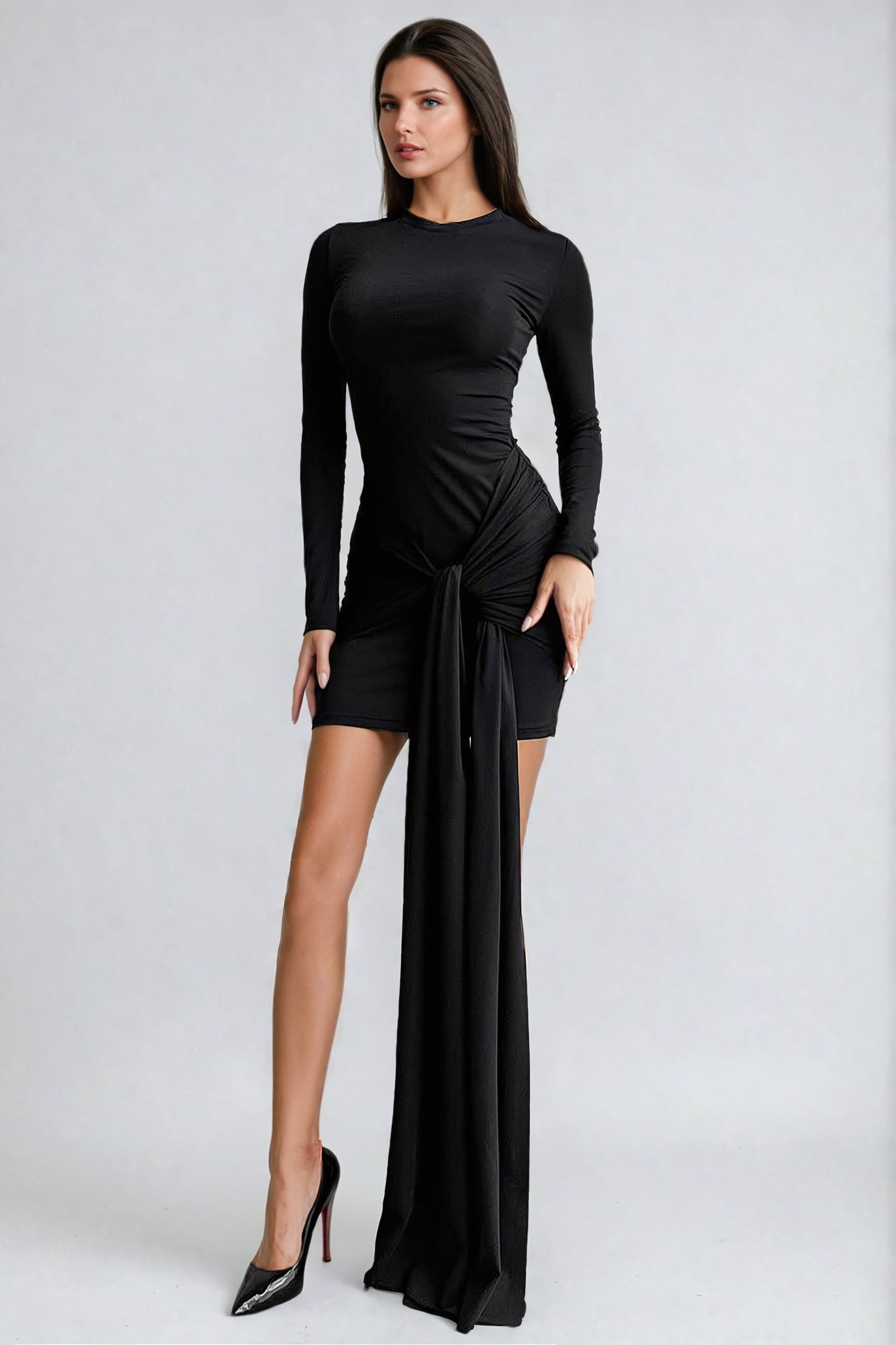 Long Draped Detail Mini Dress - Black